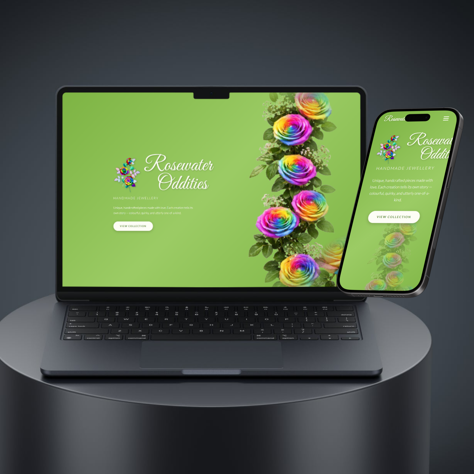 Rosewater Oddities — one-page WordPress website built by Mako Digital, Wigan