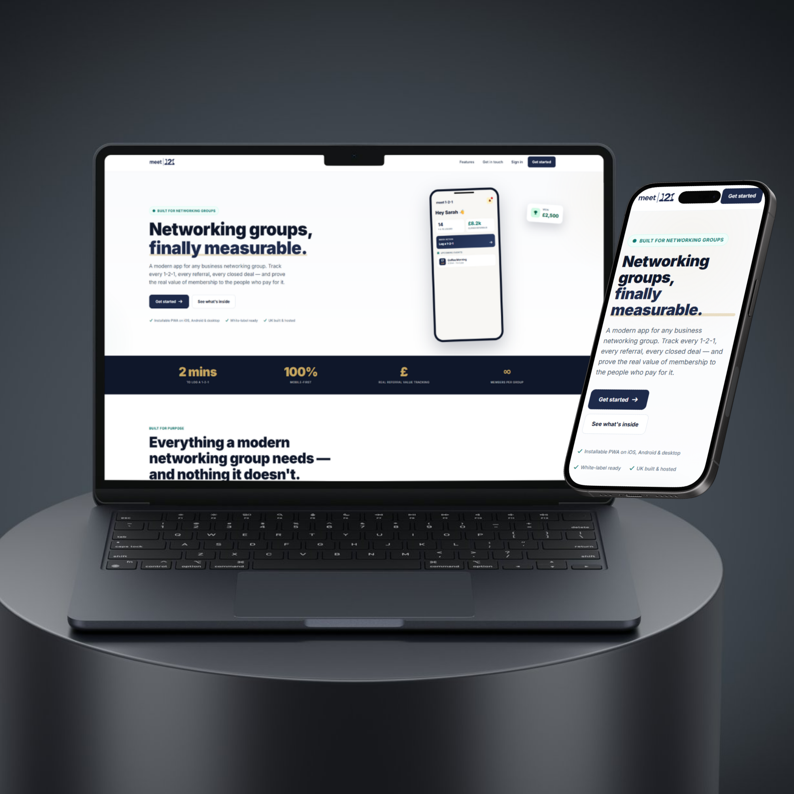 Meet 1-2-1 networking platform shown across desktop, tablet, and mobile devices