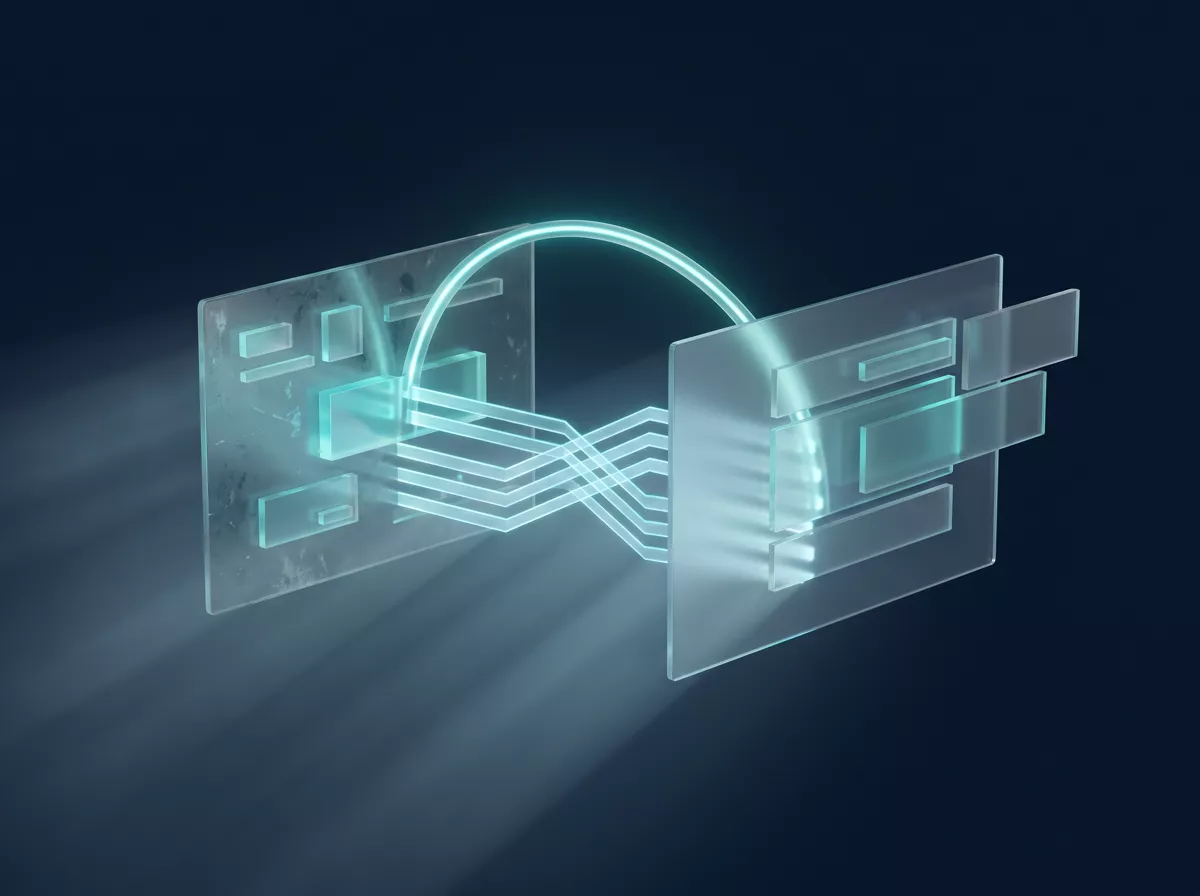 Illustration: an old website panel linked to its redesigned replacement by a bridge of light, representing a redesign that protects search visibility