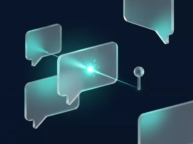 Illustration: floating answer panels, one highlighted and linked to a location marker