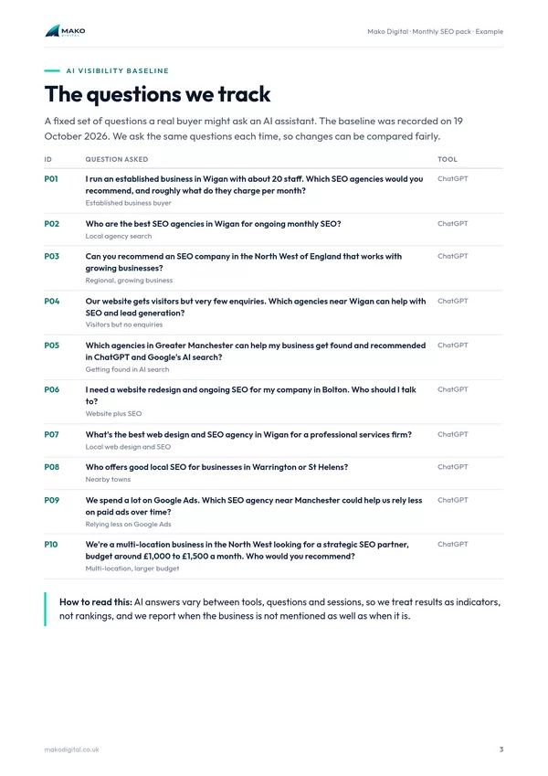 Example report page: the fixed set of questions tracked for AI visibility